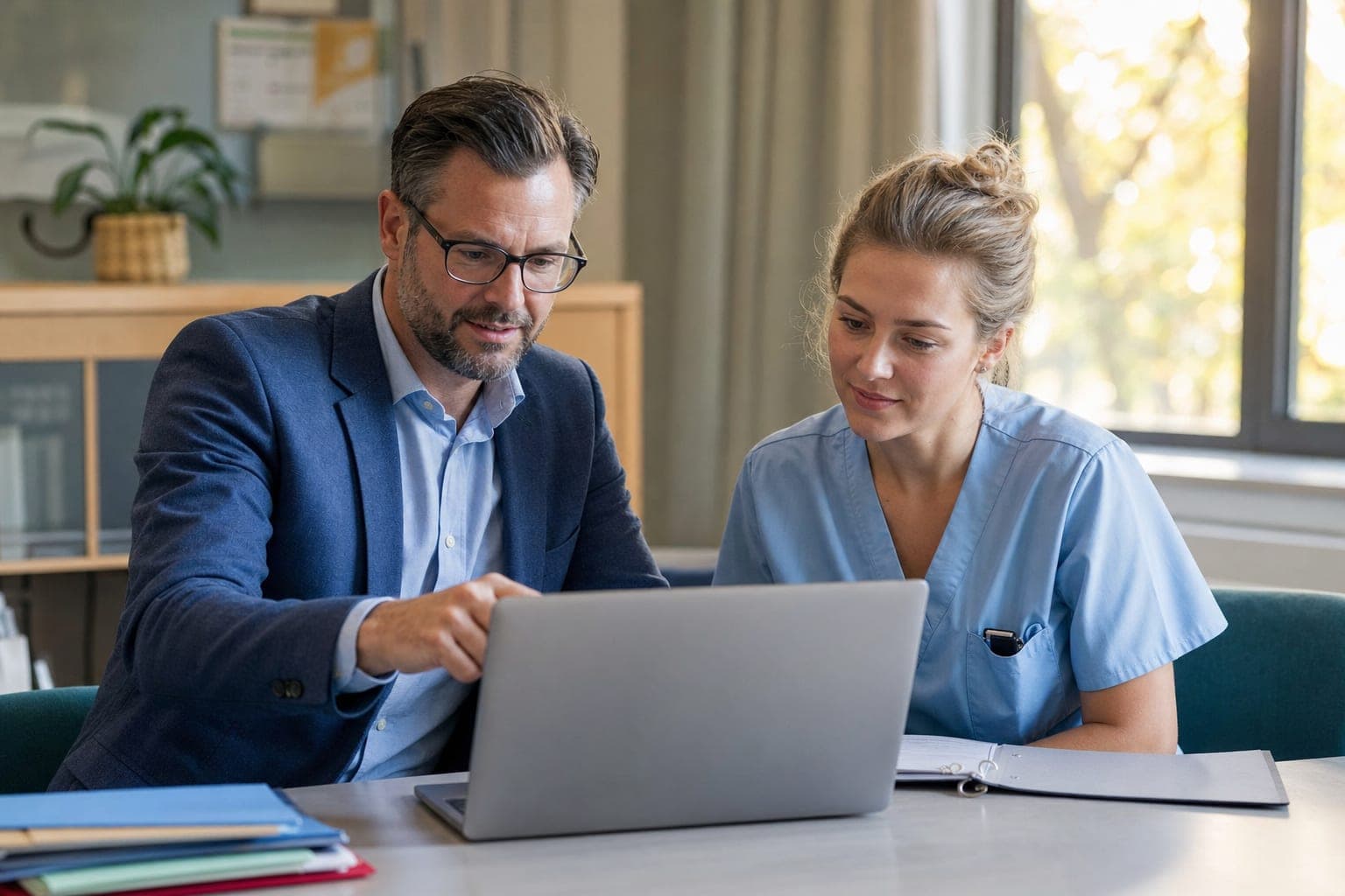 Zwei Personen im Büro besprechen am Laptop die offene Stelle